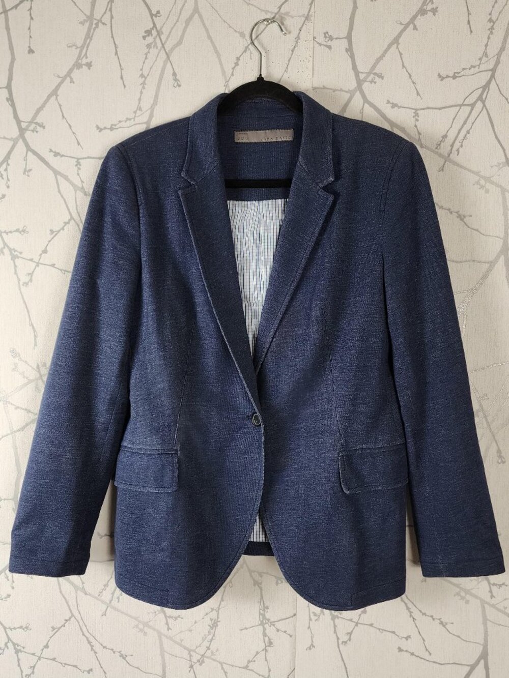 Zara Blue Chambray Cotton Terry Elbow Patch Blazer